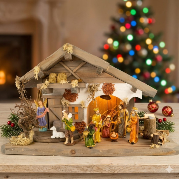 Festliche Weihnachtskrippe Moorsbrunn inkl. 12-tlg. Figurensatz F 650-7, Maße Krippe: ca. 40 x 20 x 22 cm